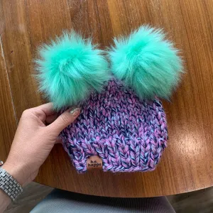 0-3 Baby month Knit Pom Hat | Purple Double Pom Wool Free