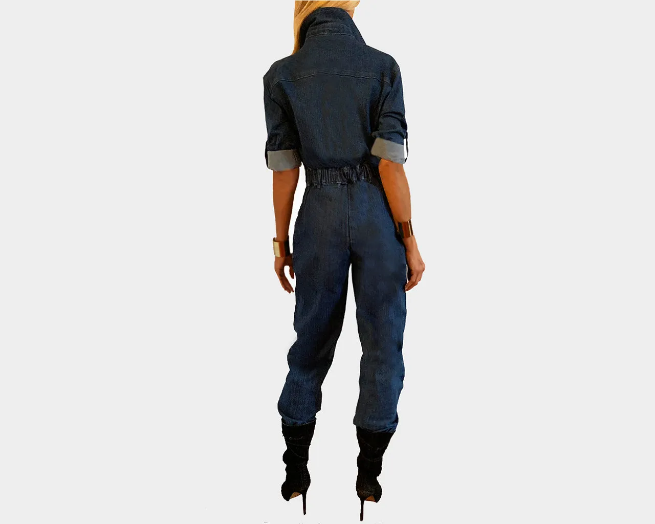 89 Dark Jean Pull-Up Silver & Black Pockets Jumpsuit - The Park Avenue