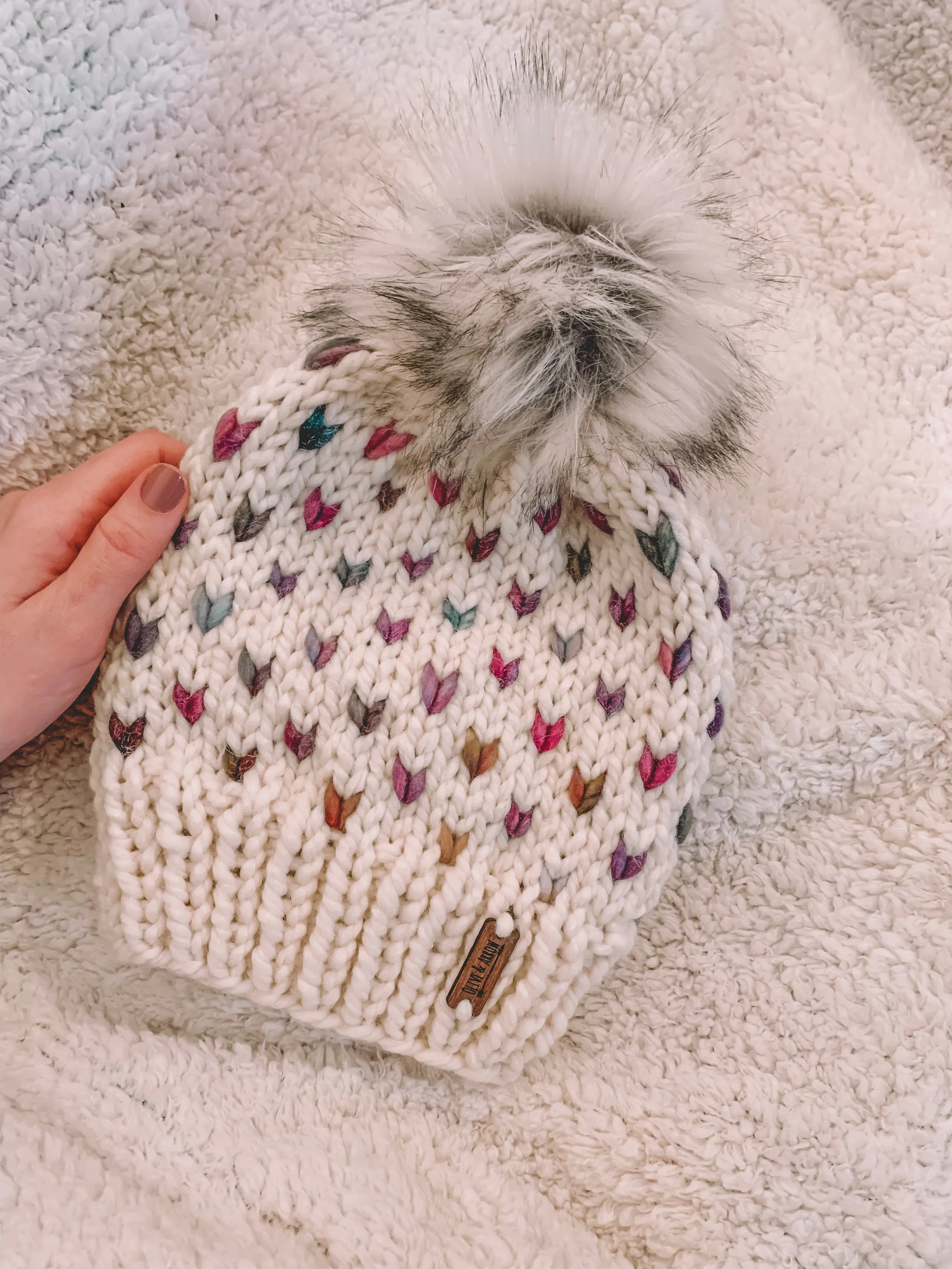 Adult Knitted Fair Isle Rainbow Hearts Beanie with Faux Fur Pom Pom