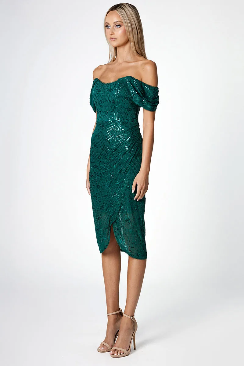 ALTHEA EMERALD DRAPED OFF-SHOULDER MIDI DRESS