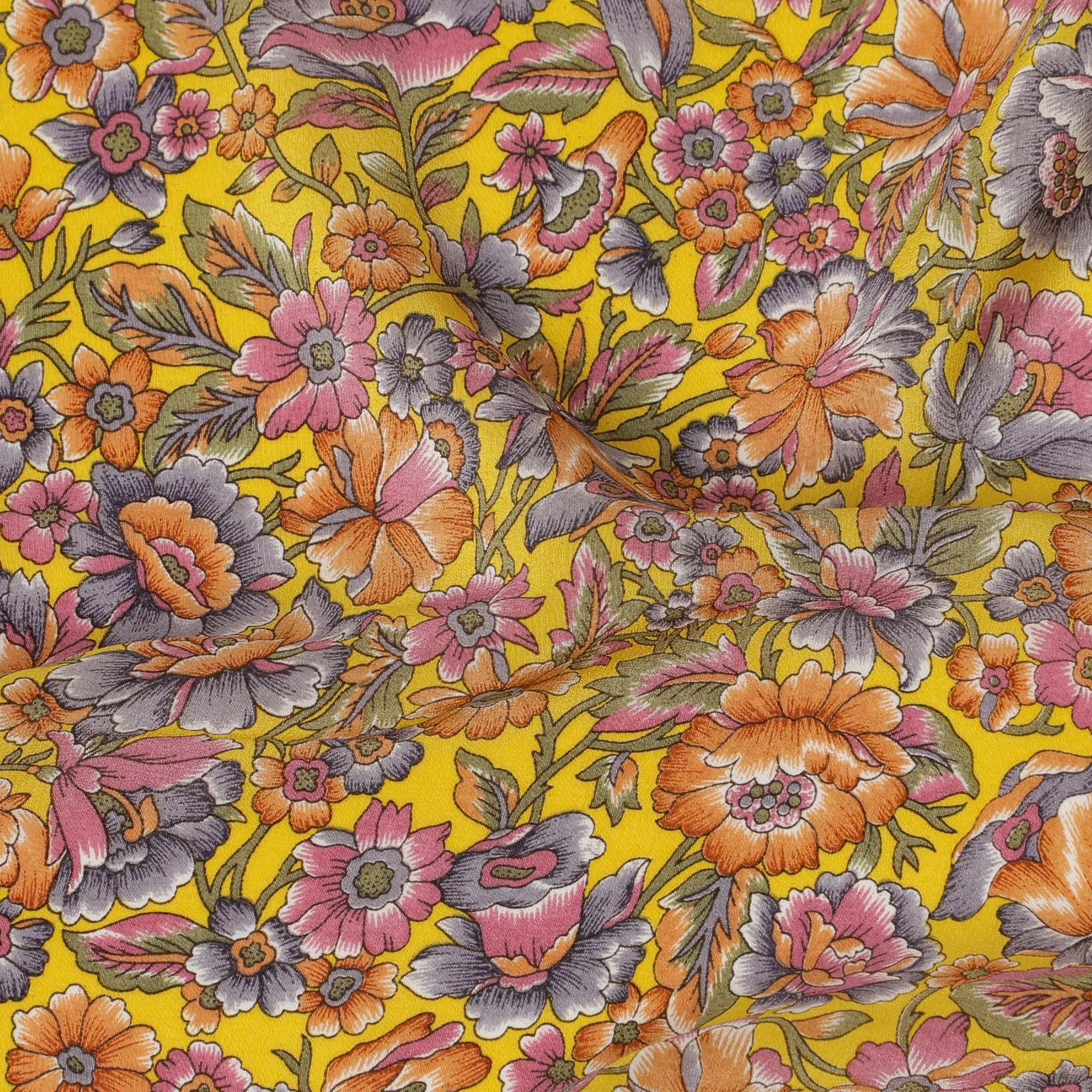 Autumnal Amber Floral Pure Silk Crepe Fabric - Exclusive Design, Buy Online by the Meter-D18185