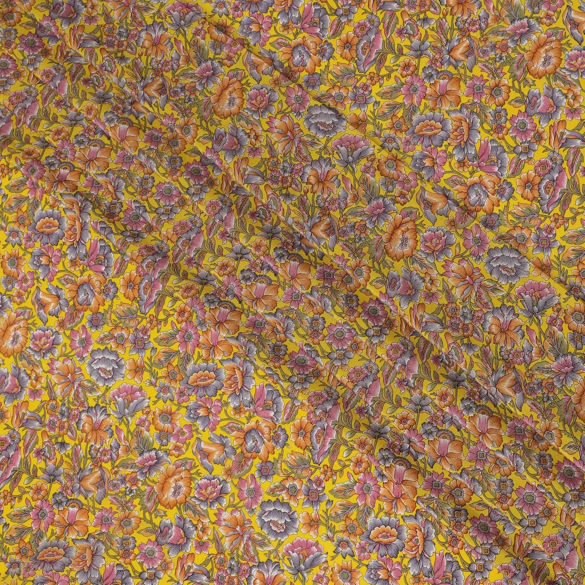 Autumnal Amber Floral Pure Silk Crepe Fabric - Exclusive Design, Buy Online by the Meter-D18185