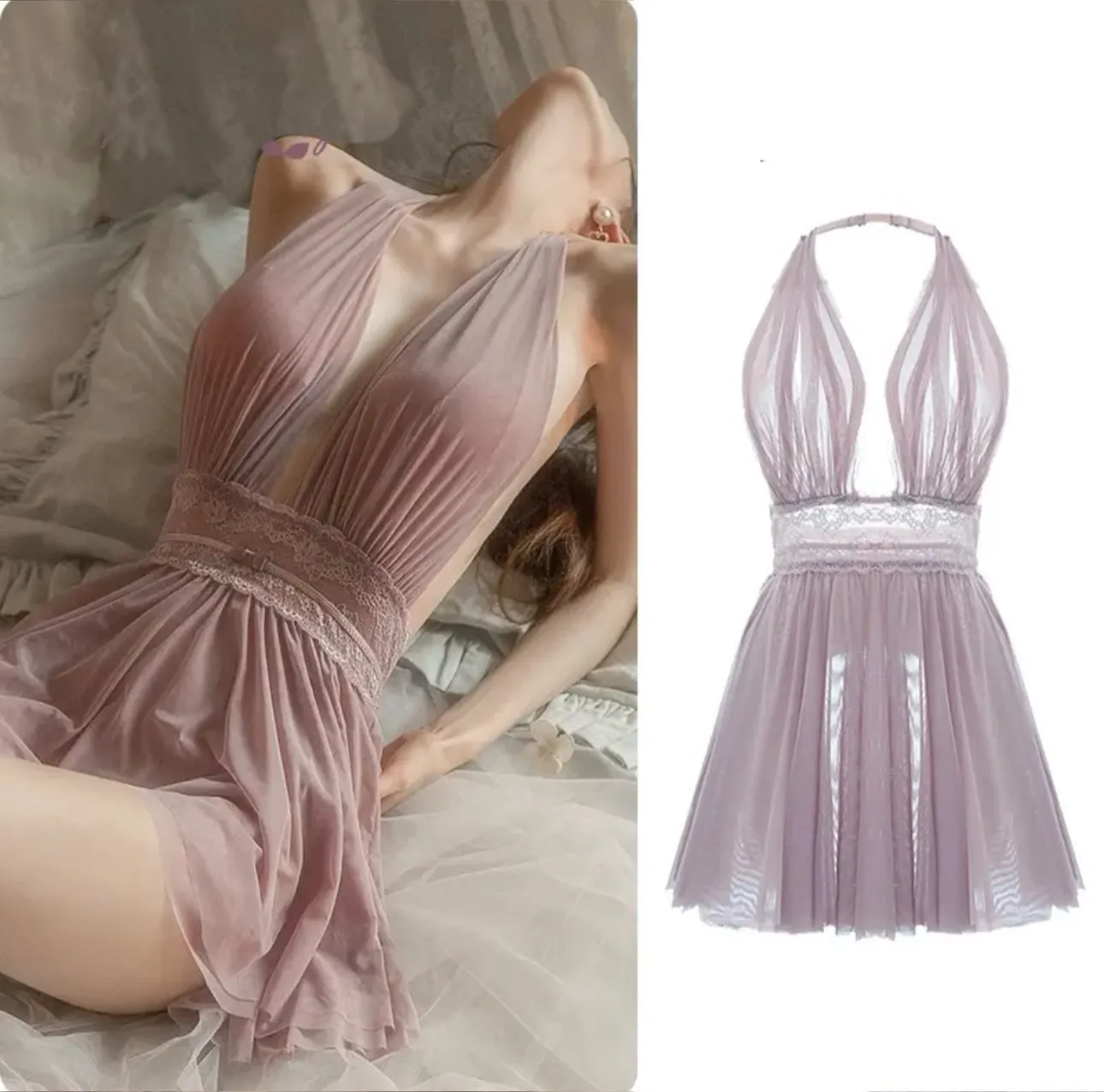 Babydoll Lace Gauze Sleeping Dress, Sexy Mesh Hanging Neck Fairy Backless Tulle Nightdress