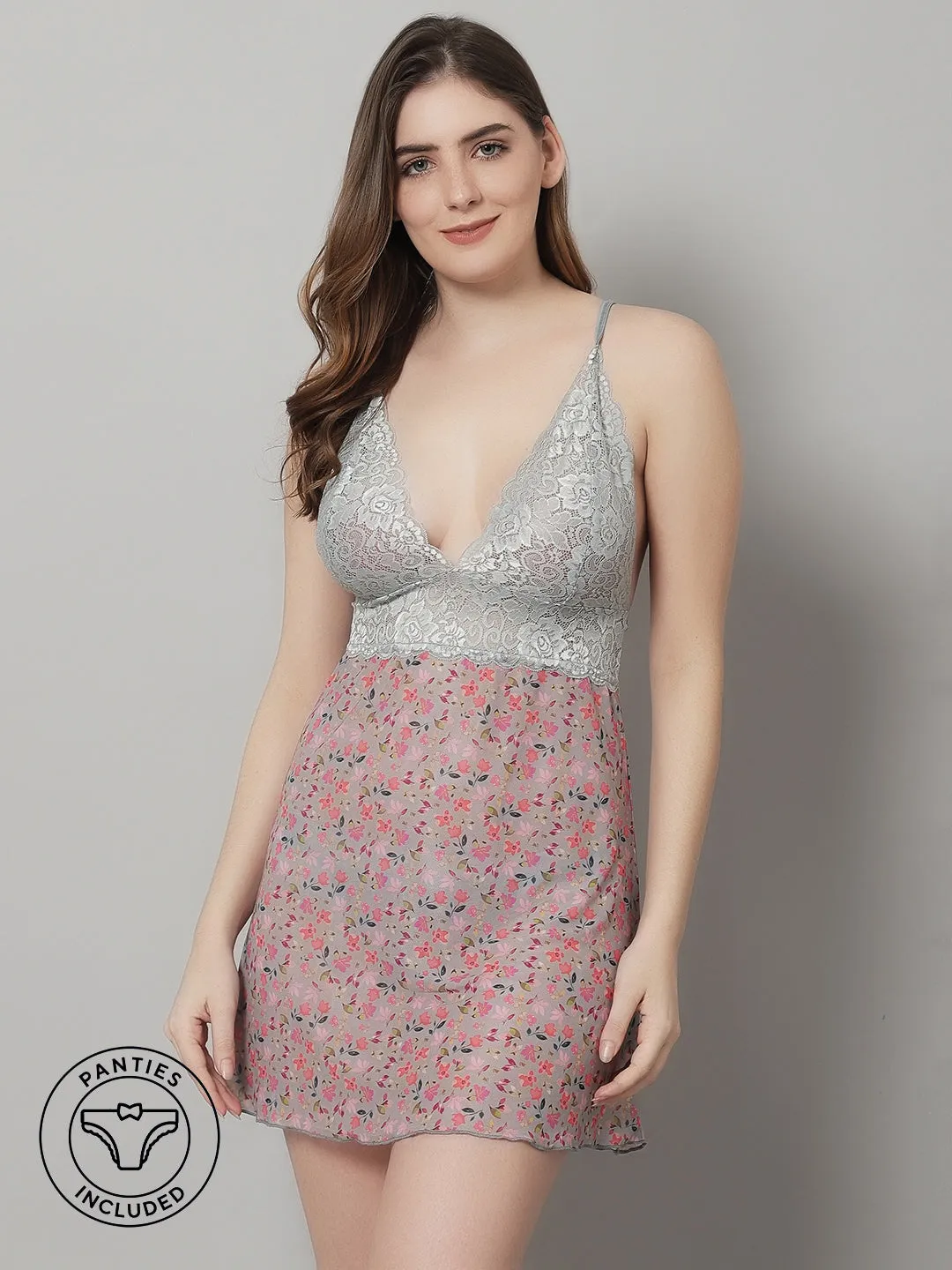 Babydoll Lacy with Floral Net - Grey