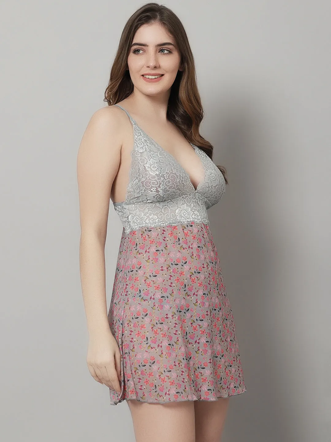 Babydoll Lacy with Floral Net - Grey