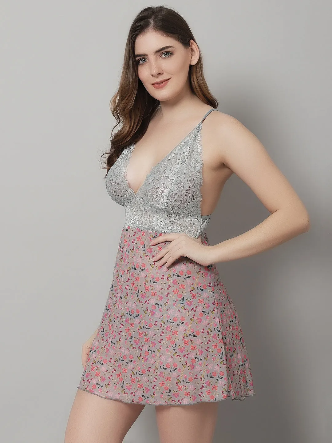 Babydoll Lacy with Floral Net - Grey