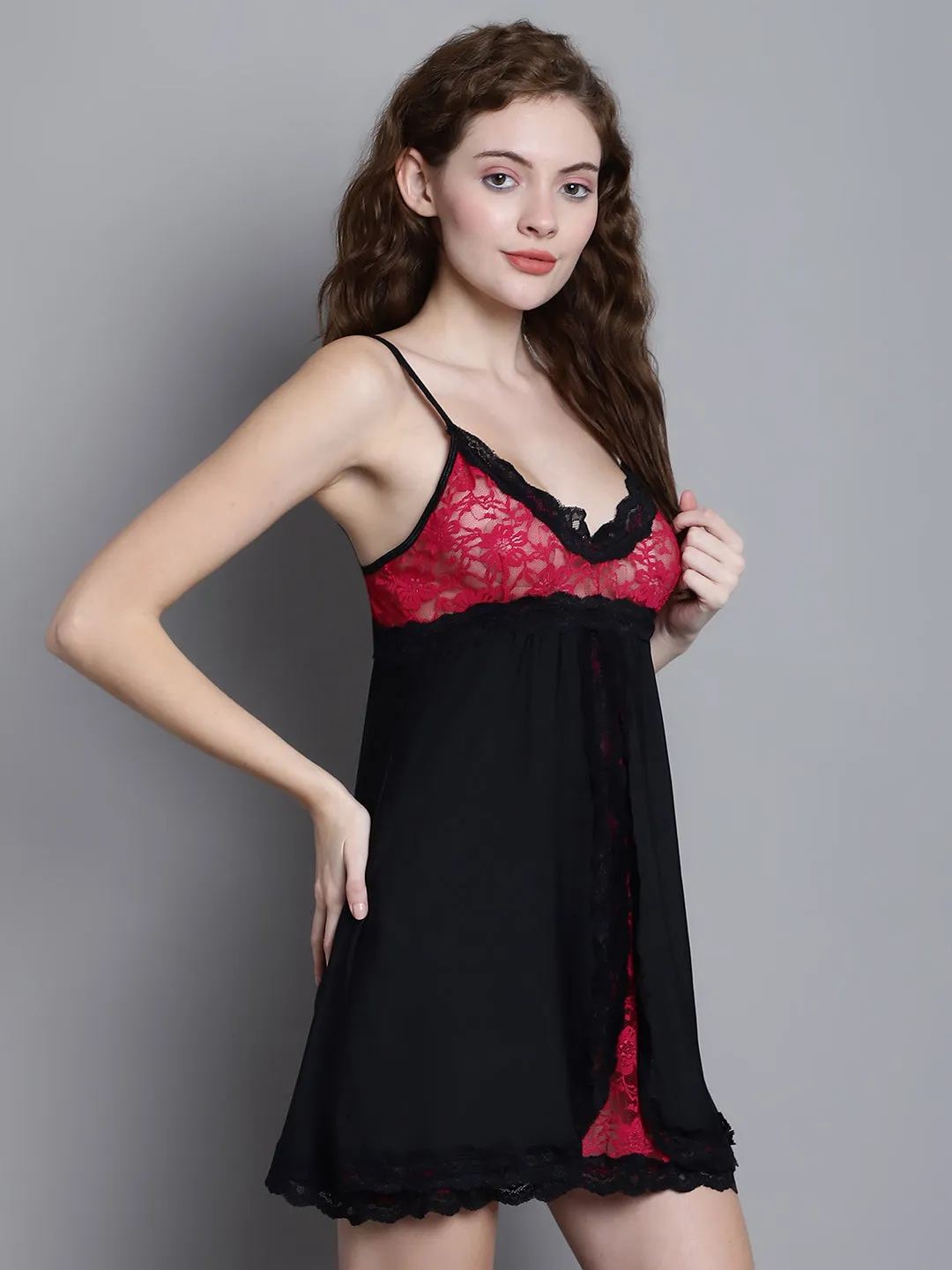 Babydoll Overall Net Backless - Black and Red