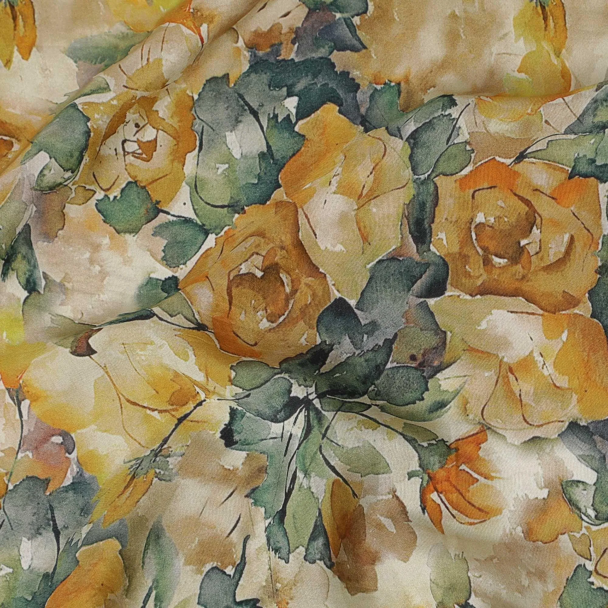 Beige viscose crepe fabric with multicolor print in floral design-D15647