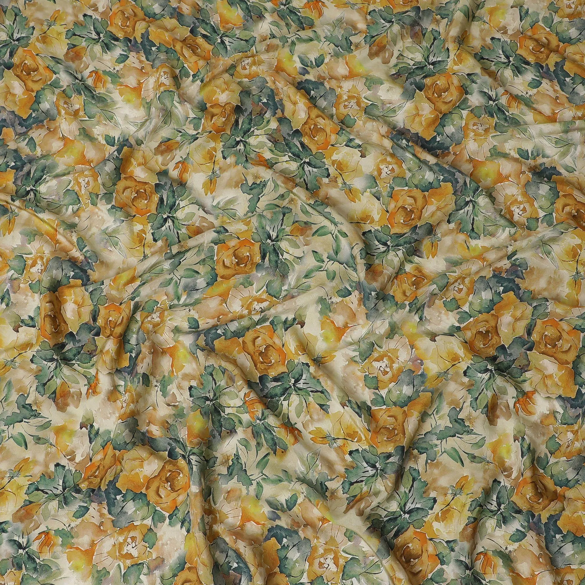 Beige viscose crepe fabric with multicolor print in floral design-D15647