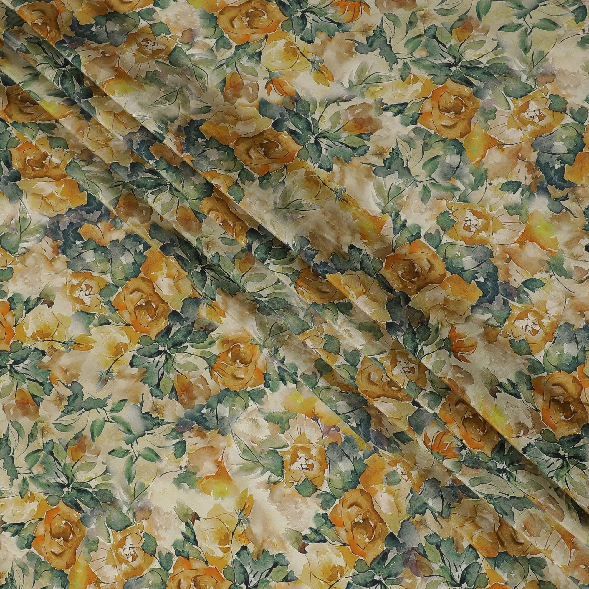 Beige viscose crepe fabric with multicolor print in floral design-D15647