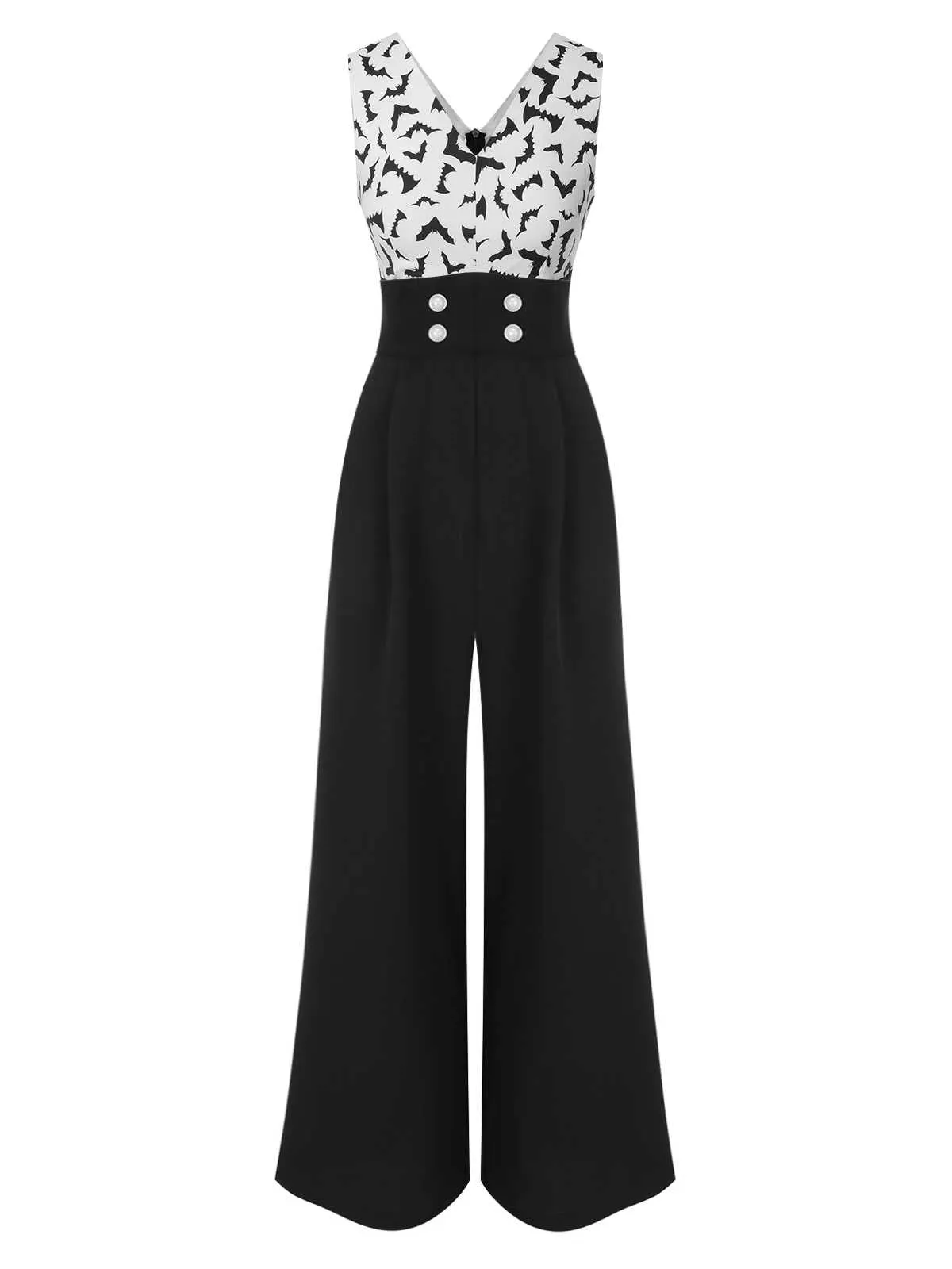 Black 1930s Halloween Bat Patchwork Jumpsuit