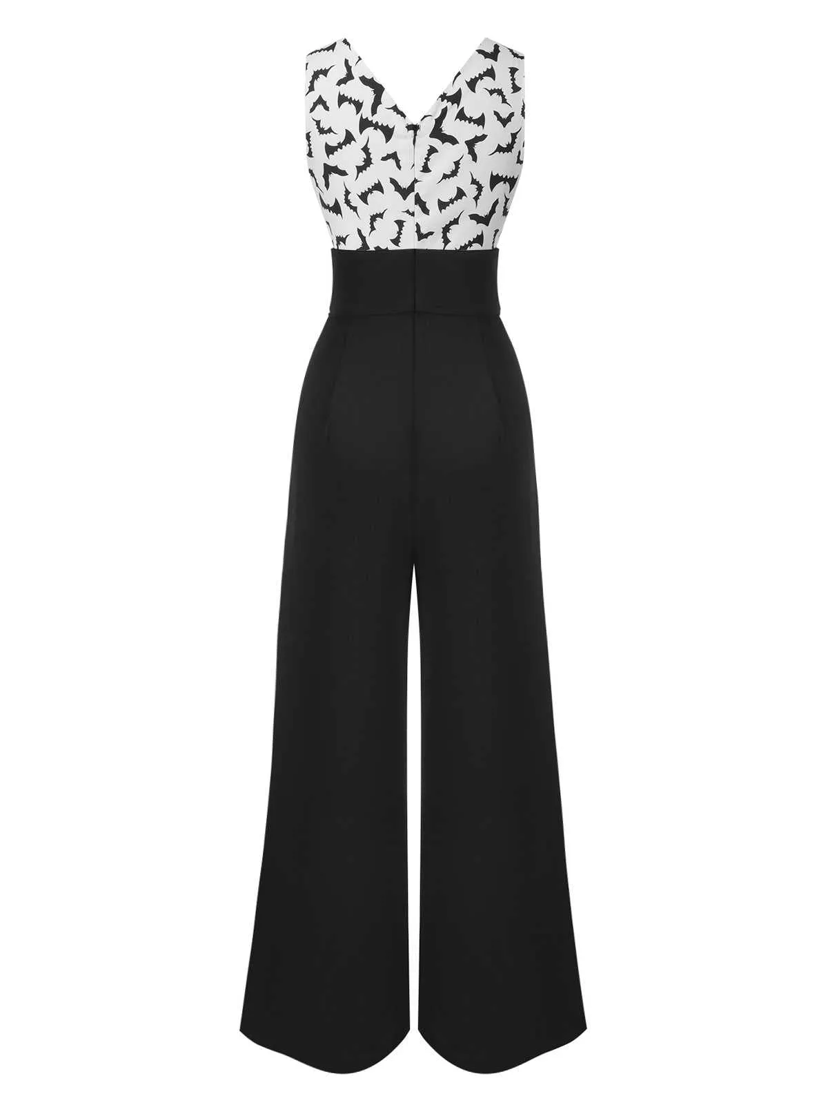 Black 1930s Halloween Bat Patchwork Jumpsuit