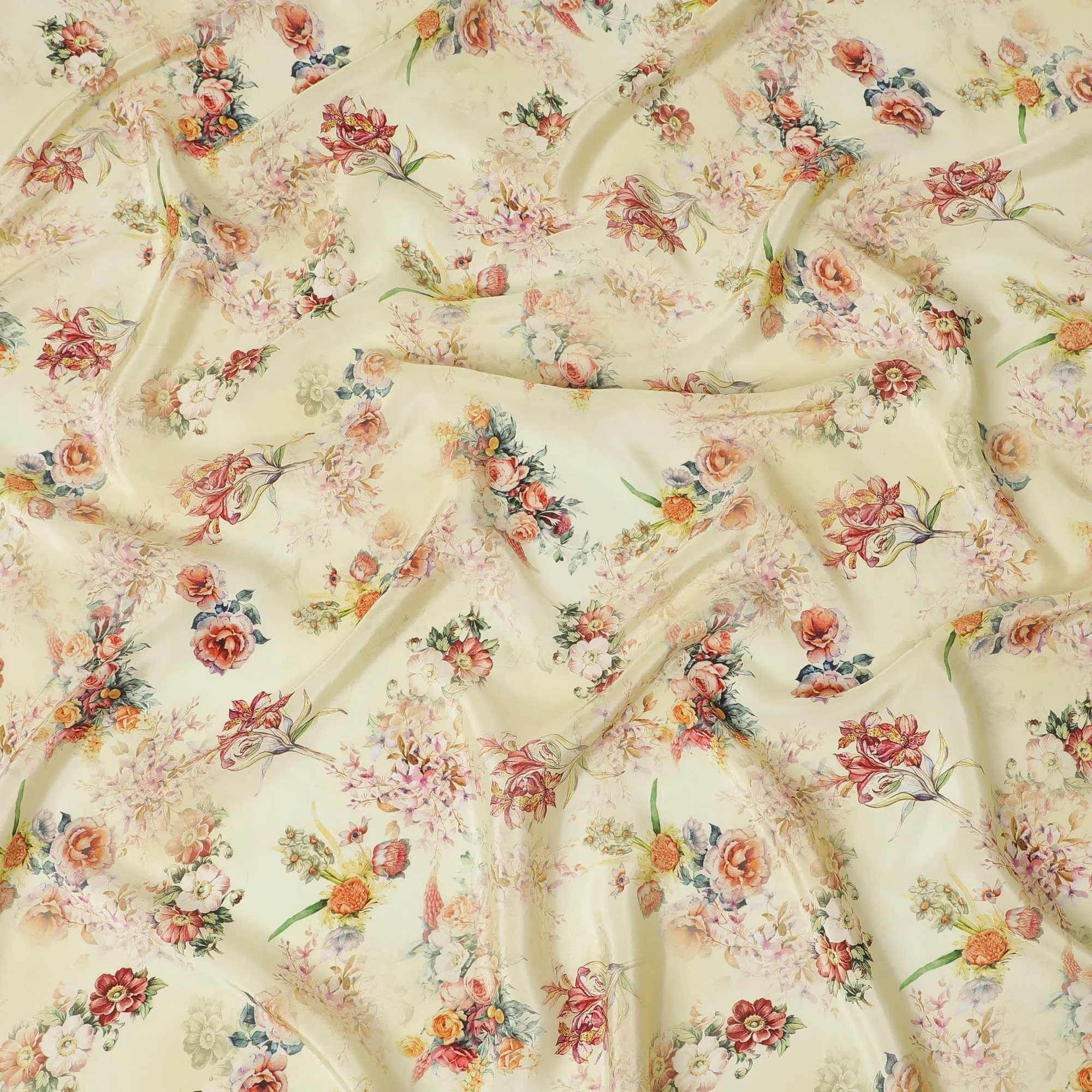 Blonde yellow viscose crepe fabric with multicolor print in floral design-D13814