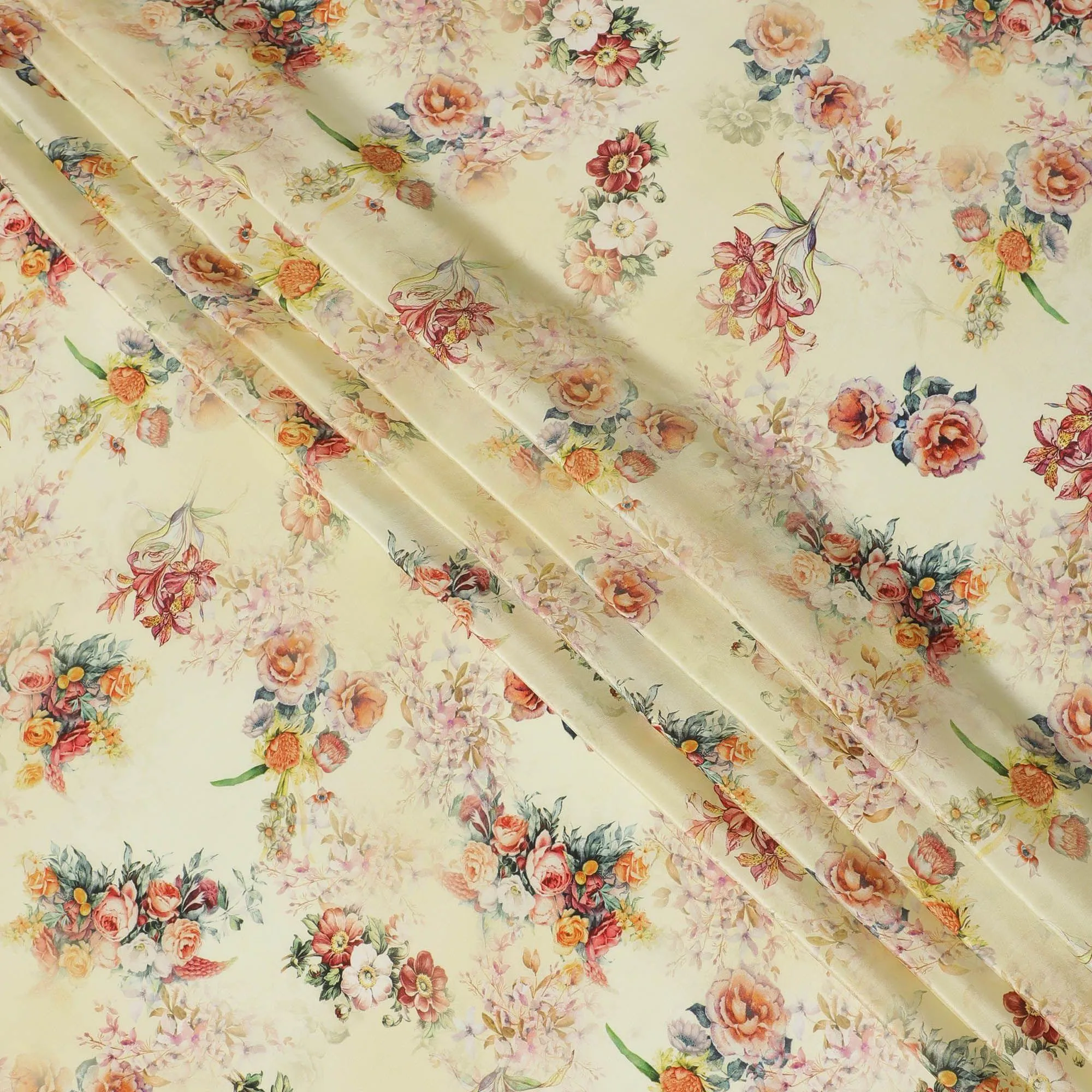 Blonde yellow viscose crepe fabric with multicolor print in floral design-D13814