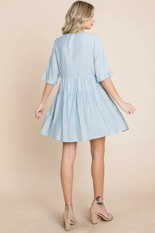 Blue Tiered Dolman Sleeve V neck Babydoll Dress