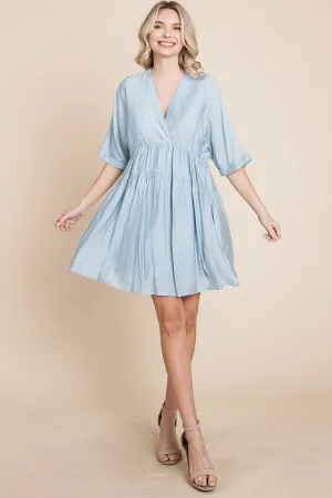 Blue Tiered Dolman Sleeve V neck Babydoll Dress