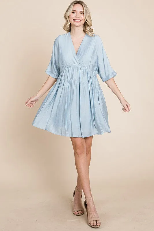 Blue Tiered Dolman Sleeve V neck Babydoll Dress