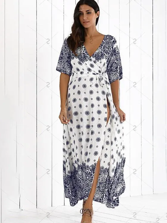 Bohemia Floral Side Split with Tie Short Sleeve Maxi Dress