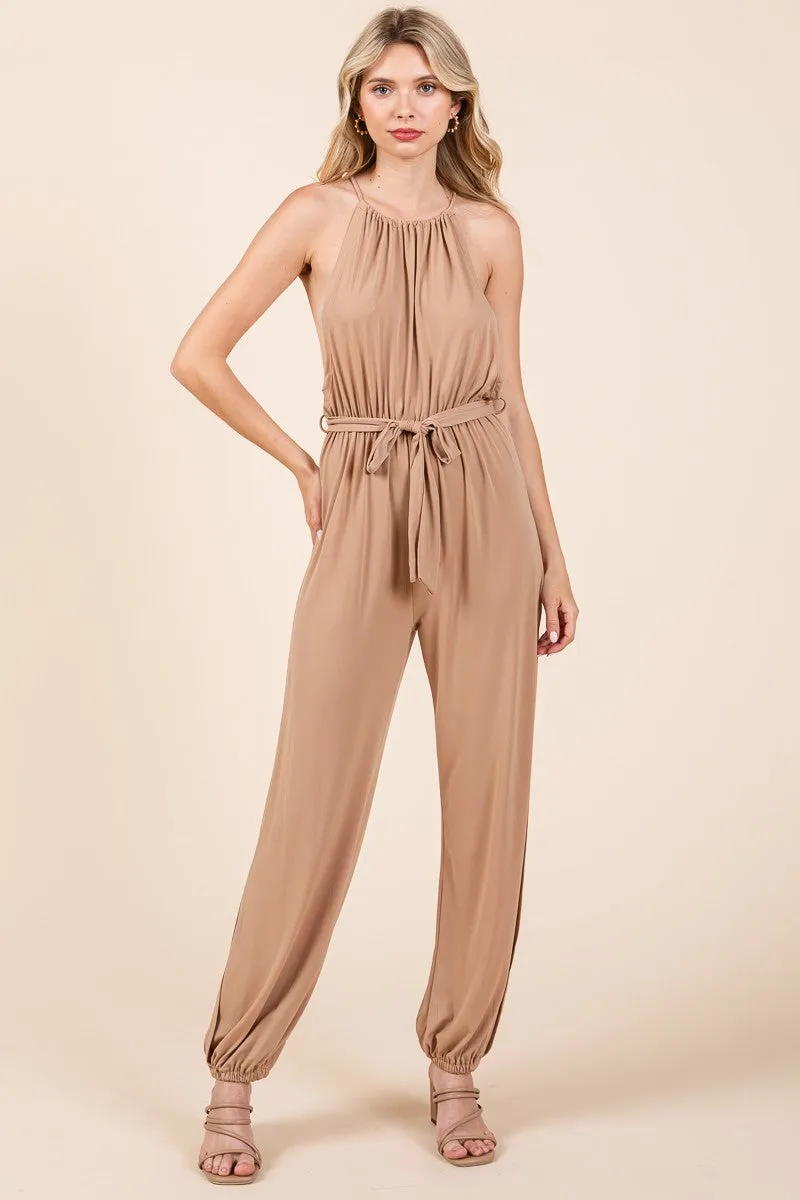 Camel Halter Neck Shirred Belted Split Leg Jumpsuit