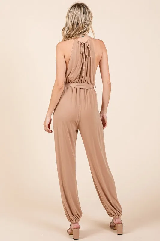 Camel Halter Neck Shirred Belted Split Leg Jumpsuit