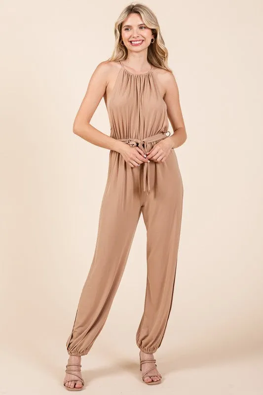 Camel Halter Neck Shirred Belted Split Leg Jumpsuit