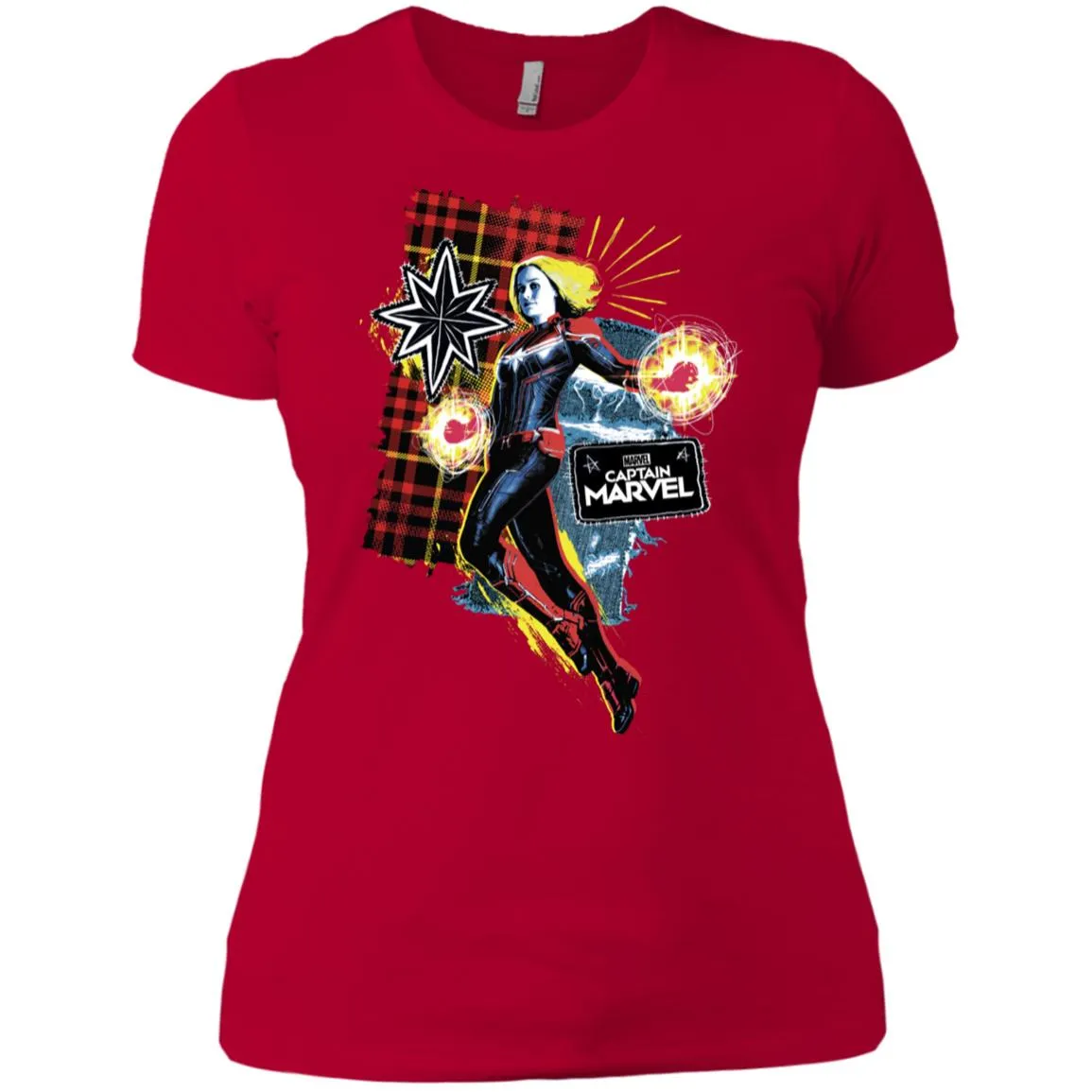 Captain Marvel Plaid Jean Patched Portrait Women Cotton T-Shirt