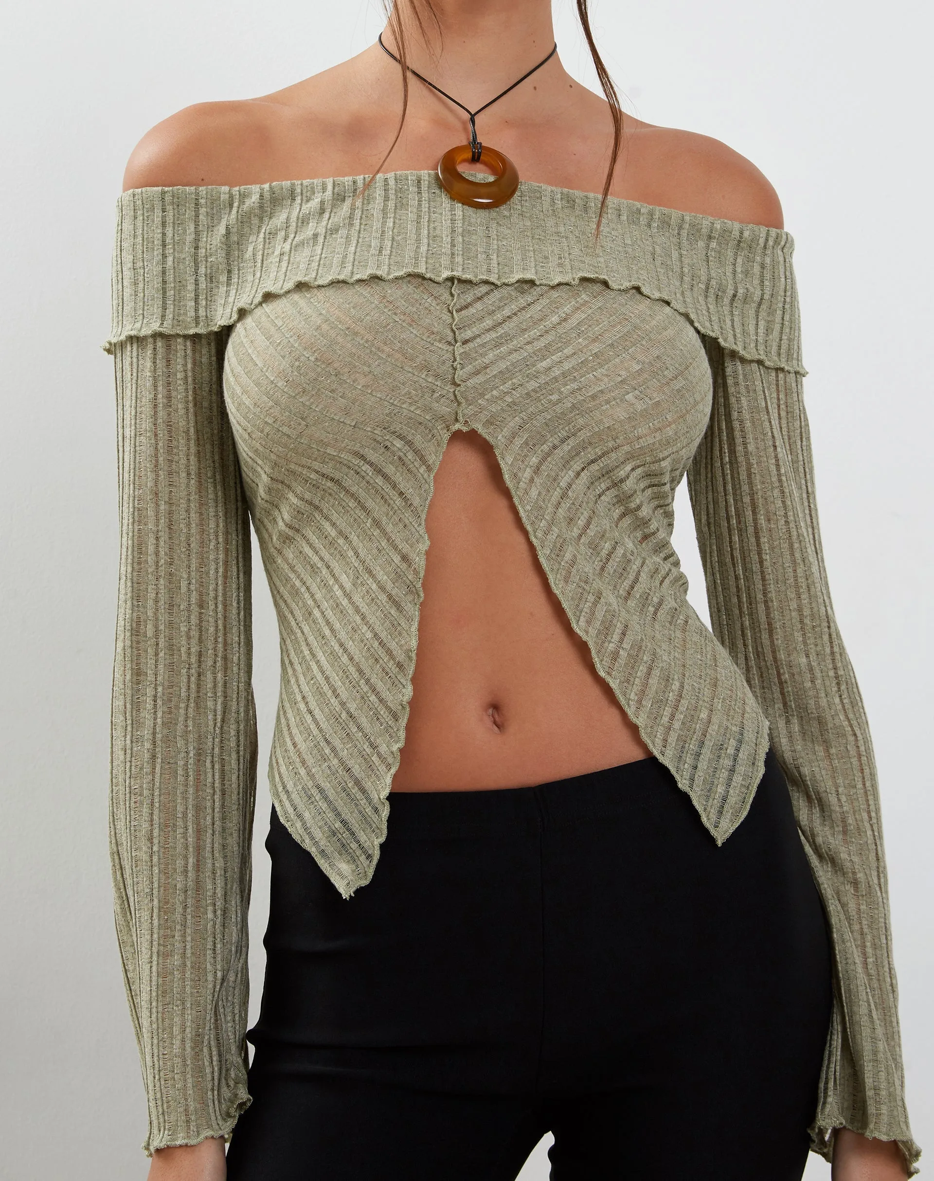 Celeste Long Sleeve Bardot Knitted Top in Sage