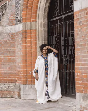 Charming Creamy with Blue Ethiopian Traditional Dress: with Rhinestone/Silver Handmade Ornaments Habesha Dress Simple Eritrean Clothing