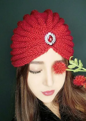 Chic Red Gem Stone Patchwork Knit Bonnie Hat LC0547