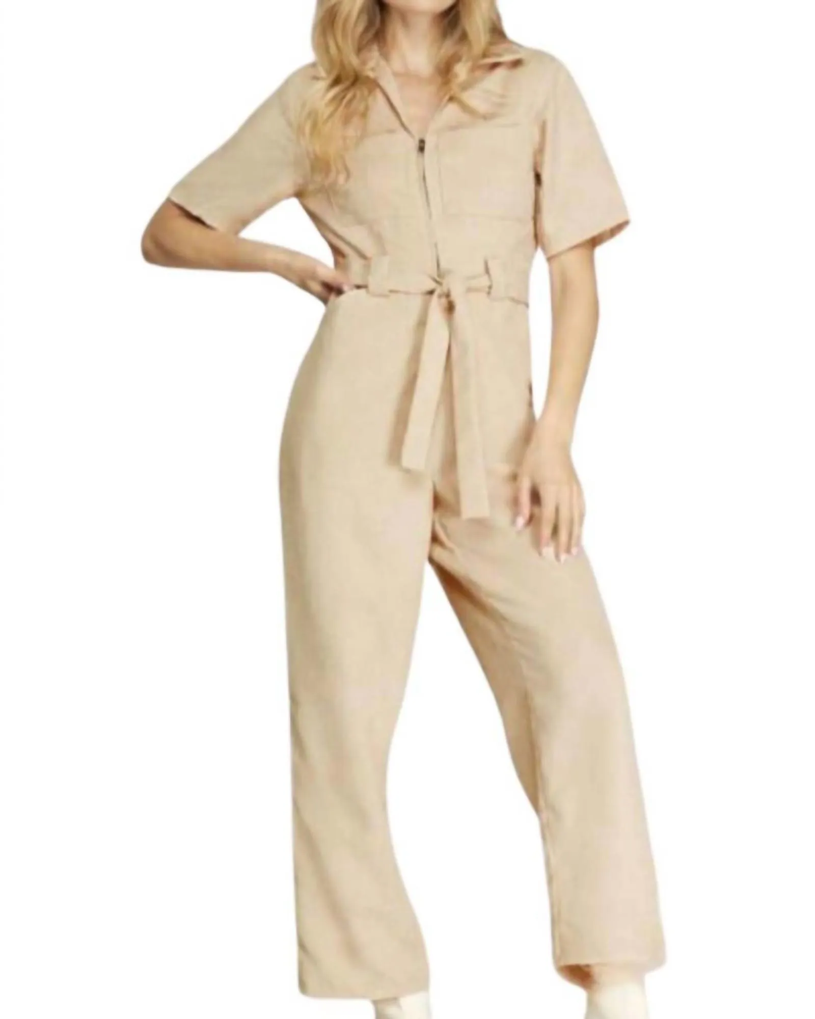 Corduroy Belted Jumpsuit In Ecru | Ecru