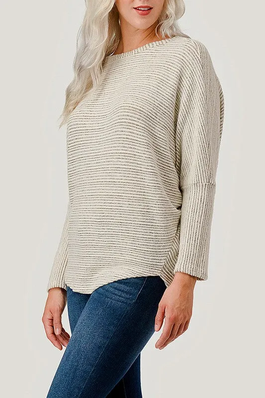 Darcy Long Dolman Sleeve Striped Ribbed Top Ivory