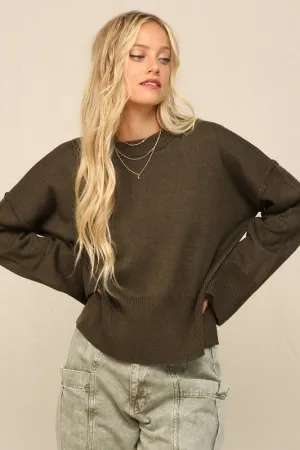 Dk Olive Notch Hem Crop Sweater