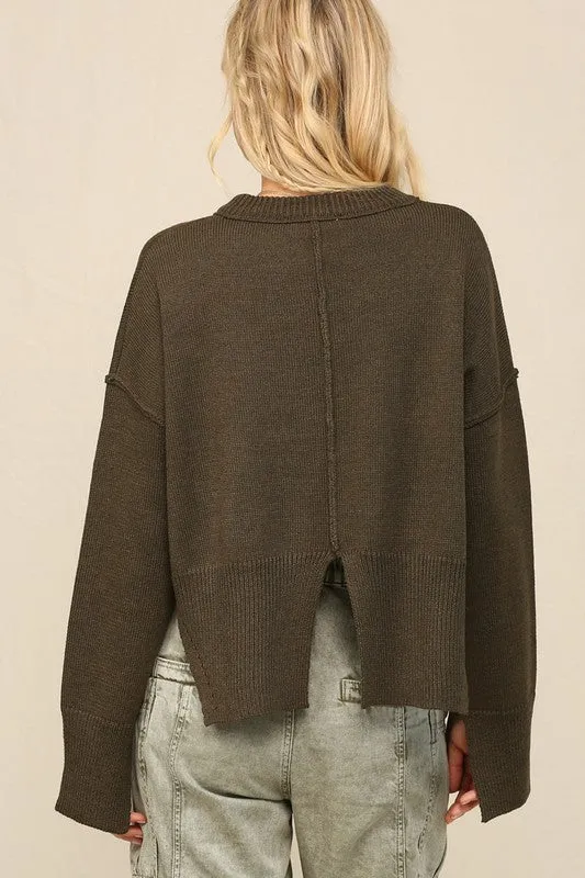 Dk Olive Notch Hem Crop Sweater