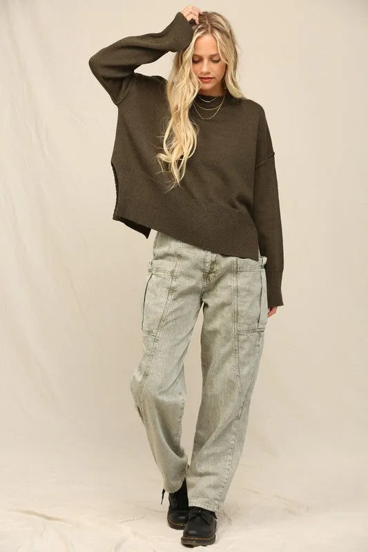 Dk Olive Notch Hem Crop Sweater