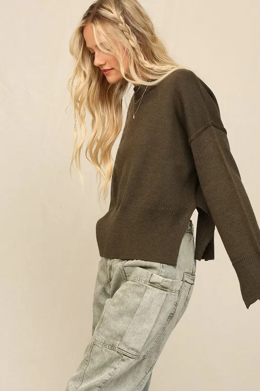 Dk Olive Notch Hem Crop Sweater