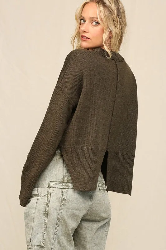 Dk Olive Notch Hem Crop Sweater