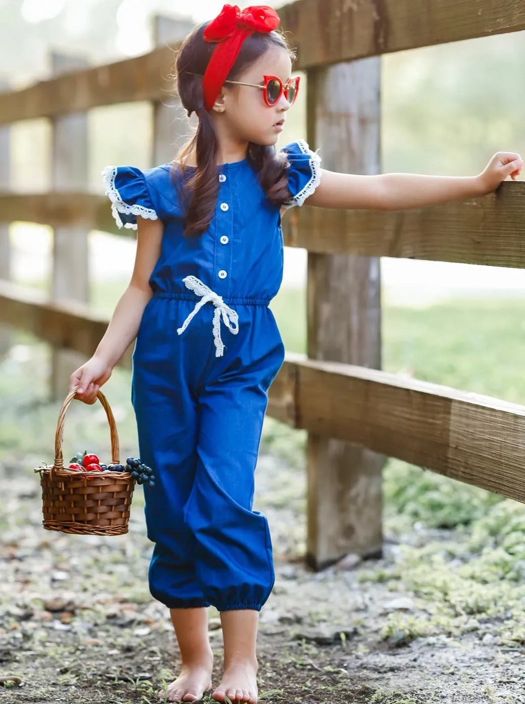 Girls Denim Lace Flutter Sleeve Button Jumpsuit