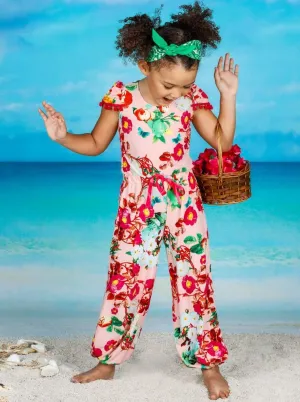 Girls Pink Floral Pom Pom Cap Sleeve Ribbon Bow Jumpsuit