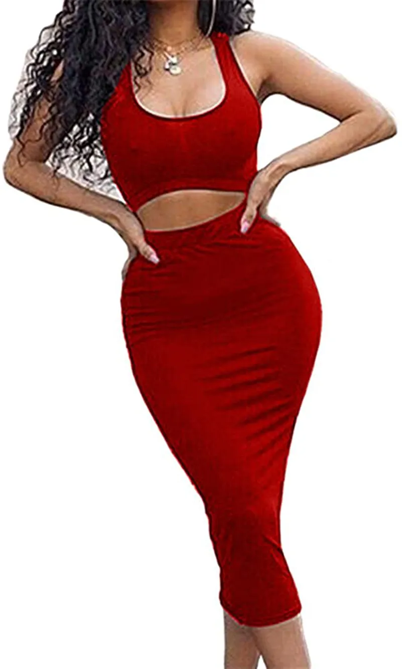 GOBLES Women's Sexy Summer Outfits Bodycon Tank Top Midi Skirt 2 Piece Dress