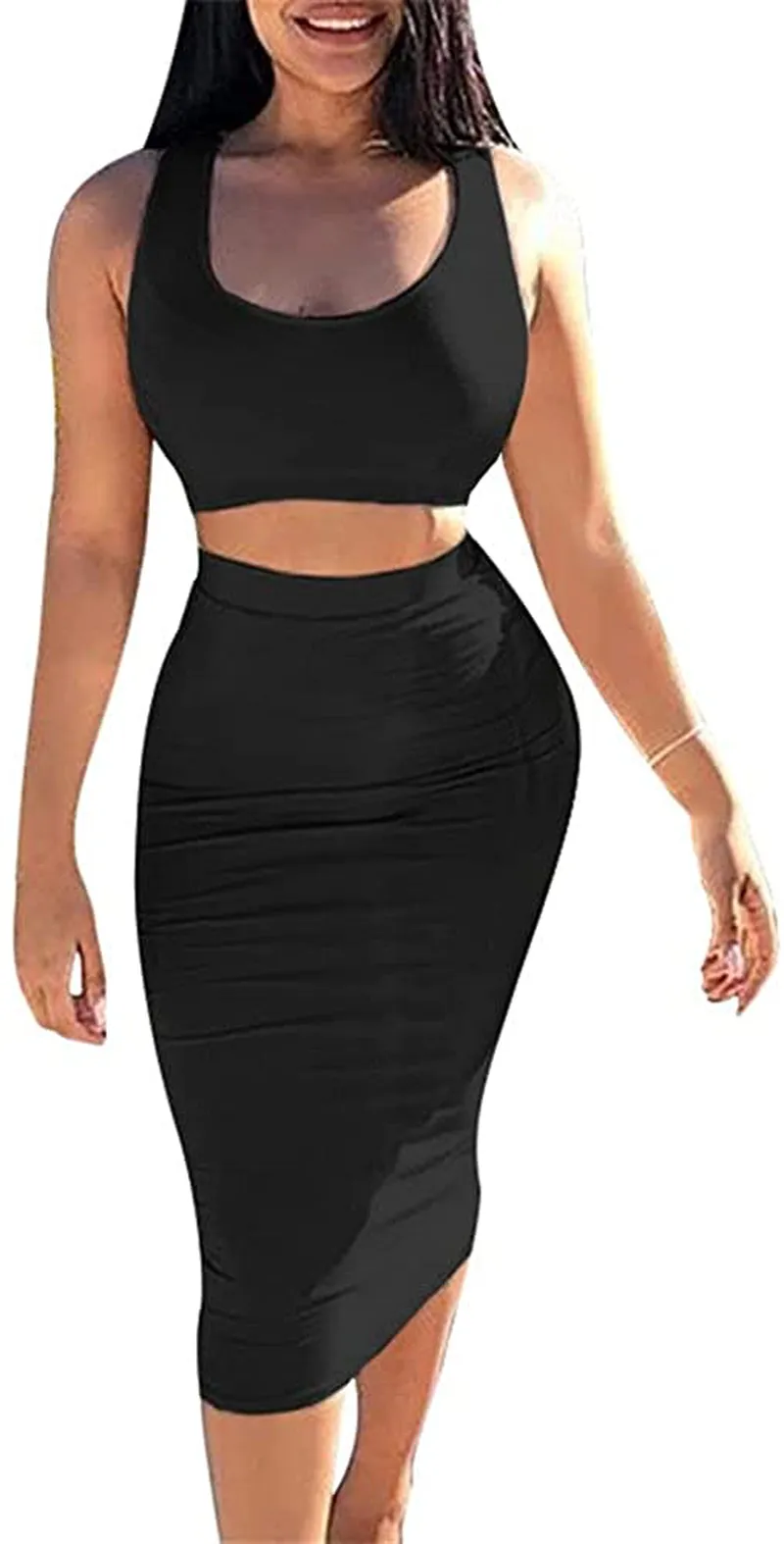 GOBLES Women's Sexy Summer Outfits Bodycon Tank Top Midi Skirt 2 Piece Dress