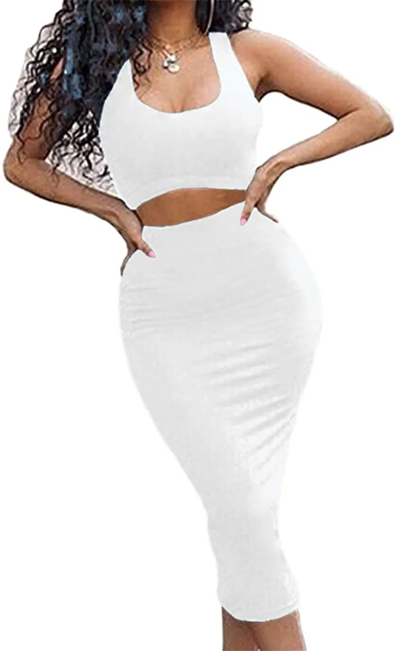 GOBLES Women's Sexy Summer Outfits Bodycon Tank Top Midi Skirt 2 Piece Dress