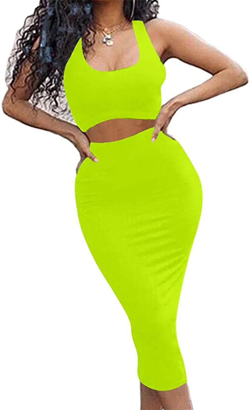 GOBLES Women's Sexy Summer Outfits Bodycon Tank Top Midi Skirt 2 Piece Dress