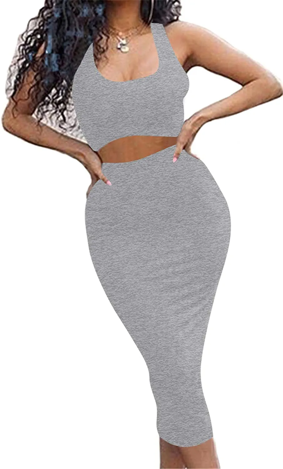 GOBLES Women's Sexy Summer Outfits Bodycon Tank Top Midi Skirt 2 Piece Dress