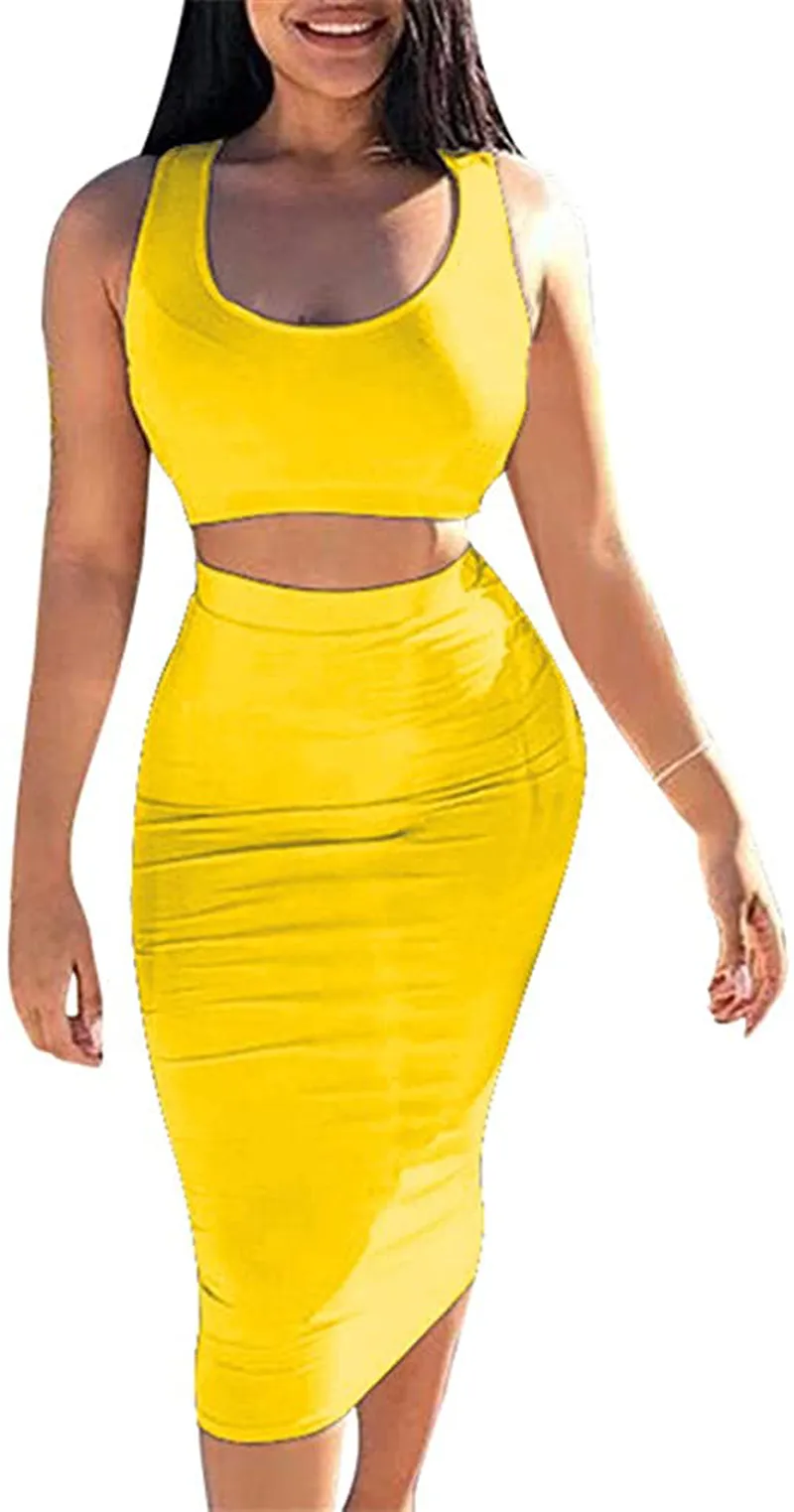 GOBLES Women's Sexy Summer Outfits Bodycon Tank Top Midi Skirt 2 Piece Dress