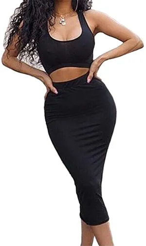 GOBLES Women's Sexy Summer Outfits Bodycon Tank Top Midi Skirt 2 Piece Dress