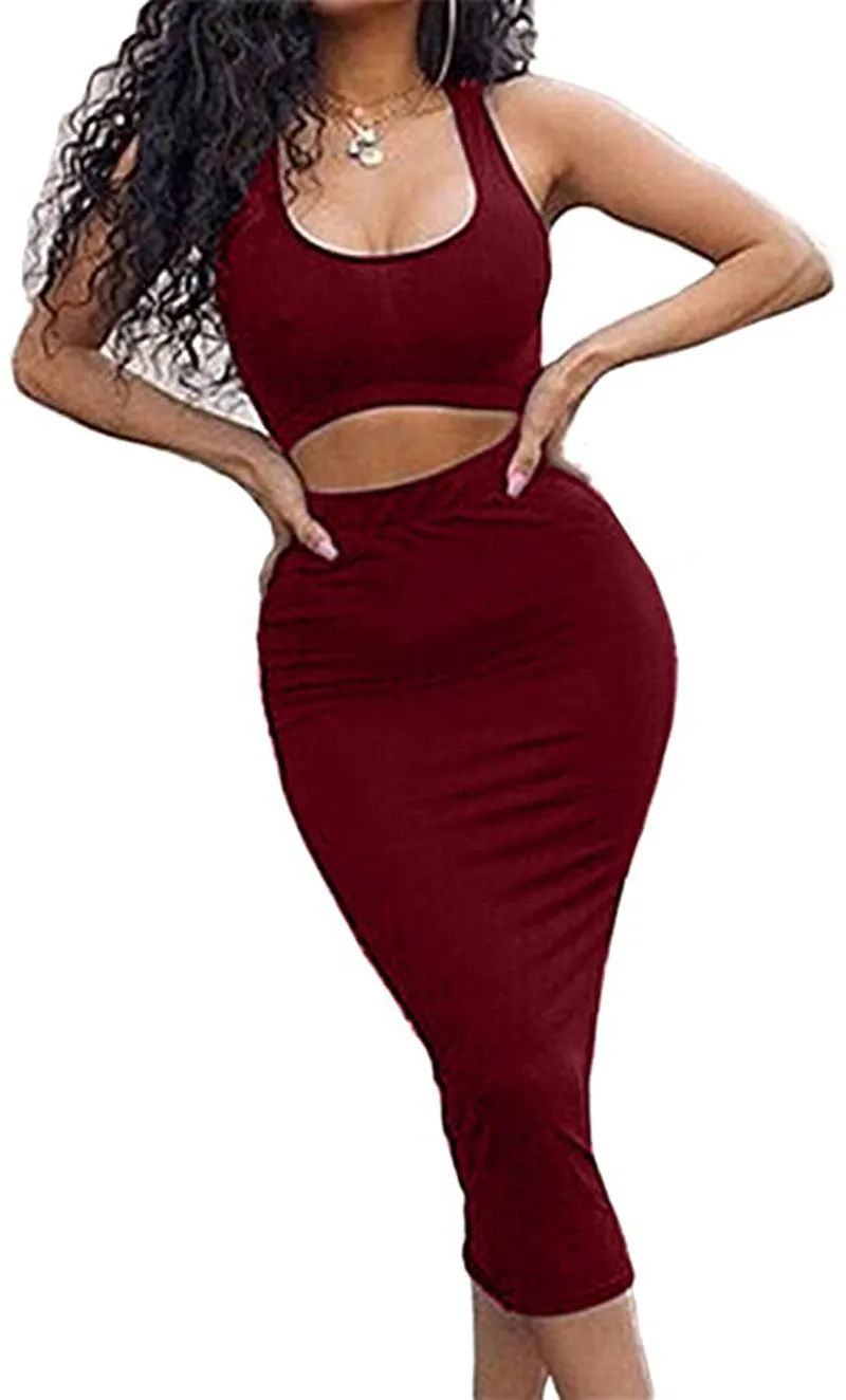 GOBLES Women's Sexy Summer Outfits Bodycon Tank Top Midi Skirt 2 Piece Dress