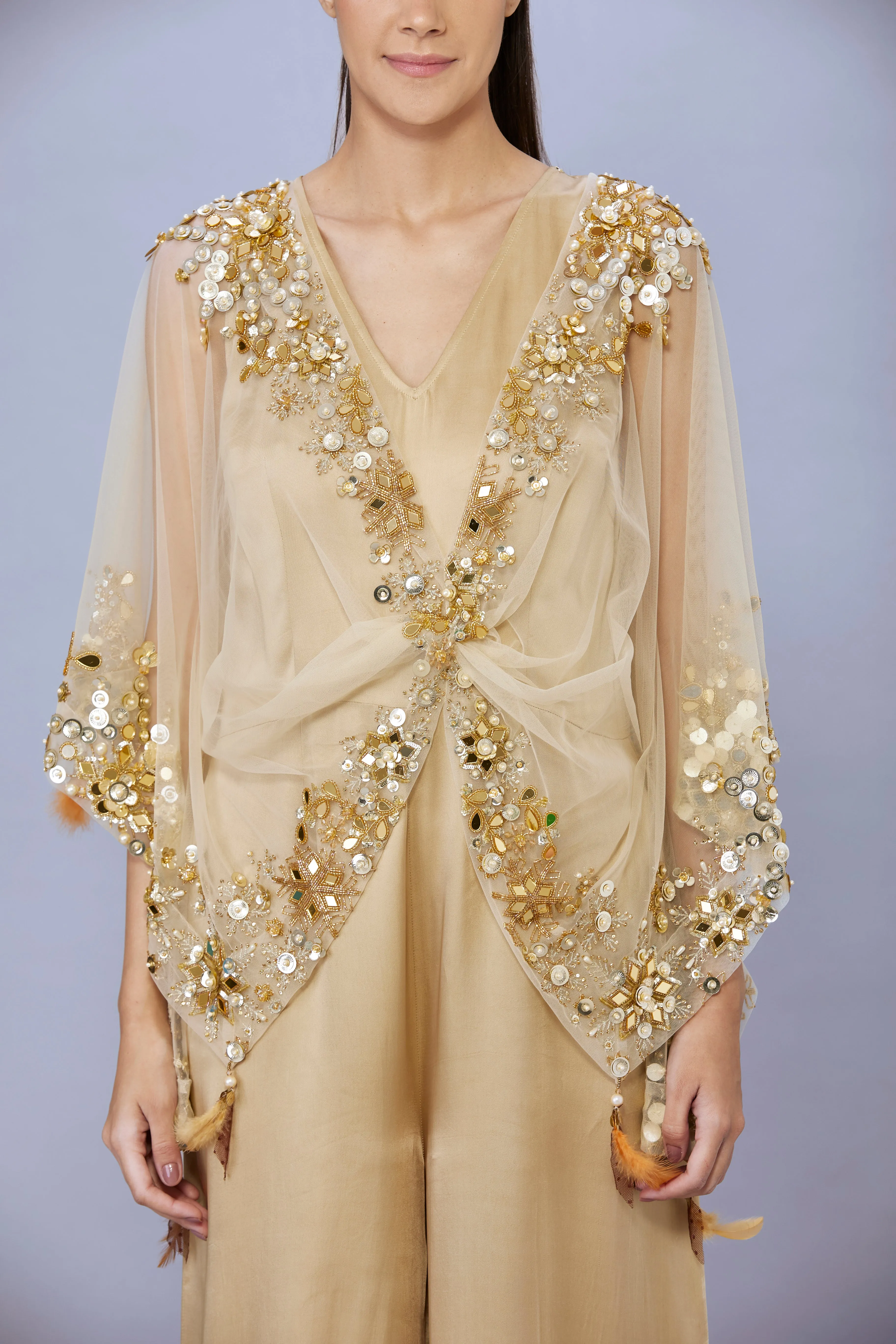 Gold kaftan embroidered in mirrors & gold sequins   Jumpsuit