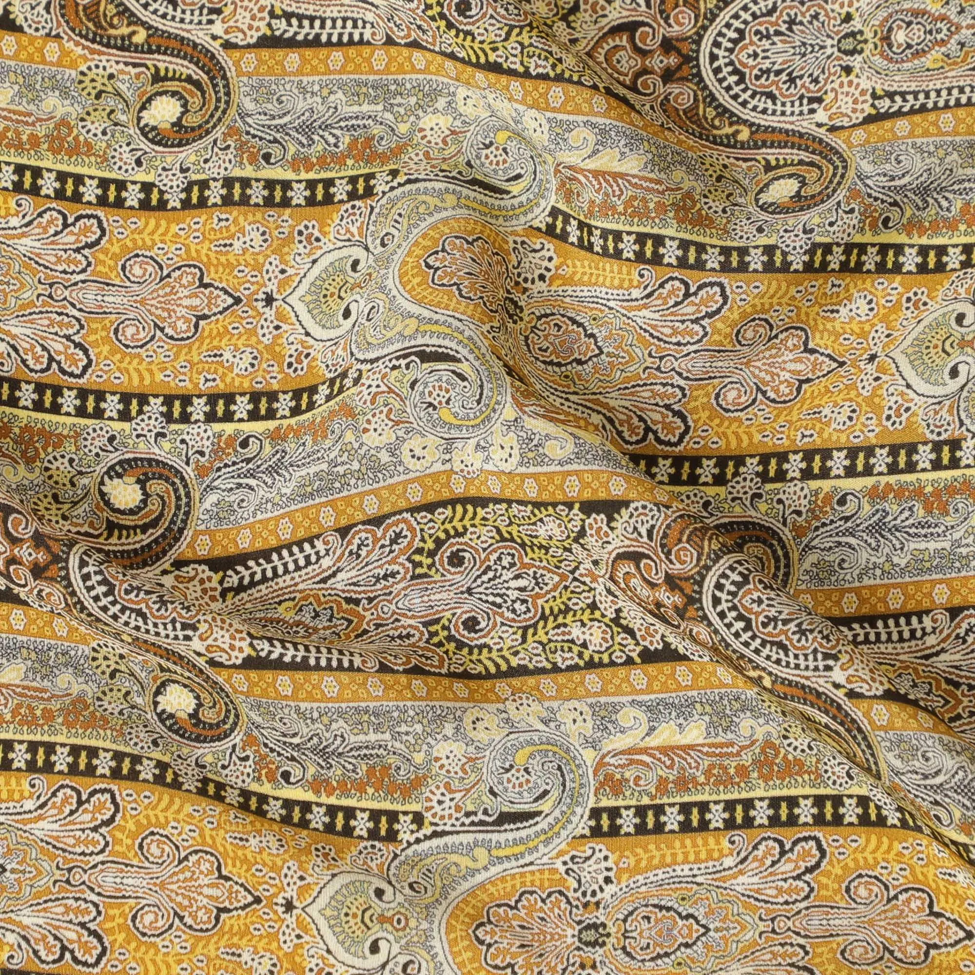 Golden Ornate Paisley Viscose Crepe Fabric - 110cm Wide - Luxurious Patterns for Distinguished Attire - Buy Online-D18235