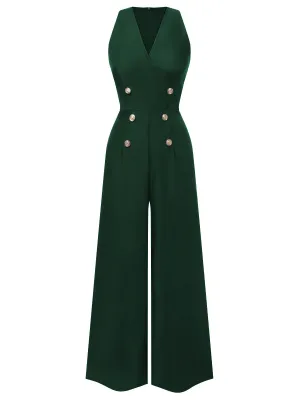 Green 1950s Sleeveless Buttoned Solid Jumpsuit