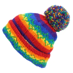 Hand Knitted Wool Beanie Bobble Hat - Stripe Rainbow Zig Zag